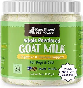 Raw Paws Whole Goat Milk Powder for Dogs and Cats, 7-oz - Made in USA - Powdered Goat Milk Dog Food Topper - Pet Nutritional Supplement to Support Healthy Digestion