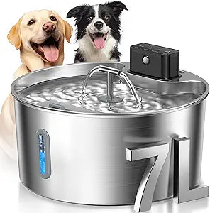 Voluas Dog Water Fountain, Automatic Water Dispenser for Dogs, 236oz/1.8Gal/7L Wireless Stainless Steel Pet Fountains, Battery Operated Cat Dispenser with Ultra-Silence Pump