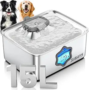 SIBAYS 4Gal/15L Dog Water Fountain, Stainless Steel Pet Water Fountain with Water Level Window & LED Light, Quiet Automatic Dog Water Bowl Dispenser for Large Dogs & Multi-Pet, Easy to Clean FS81