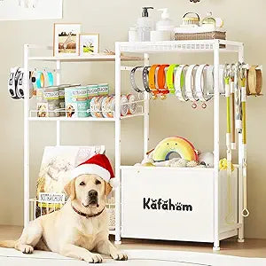 KAFAHOM Dog Toy Basket with Collar Leash Holder Hooks, Large Pet Bin, Dog Toy Box for Living Room Area, Cat Stuff Storage Organizer with Cabinet and Can Dispenser, Great Gifts for Pet Lovers