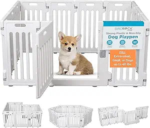 BIRDROCK HOME Pet Playpen with Door | 12 Panel | Strong Plastic | Puppy Safety Fence Pen Playpen | Non-Slip and Secure Dog Gate | White