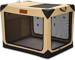 36 Inch Collapsible Soft Dog Crate for Large Dogs, 4-Door Foldable Travel Dog Kennel with Durable Mesh Windows for Indoor & Outdoor Portable Pet Crate, Soft Side Dog Crate, Beige