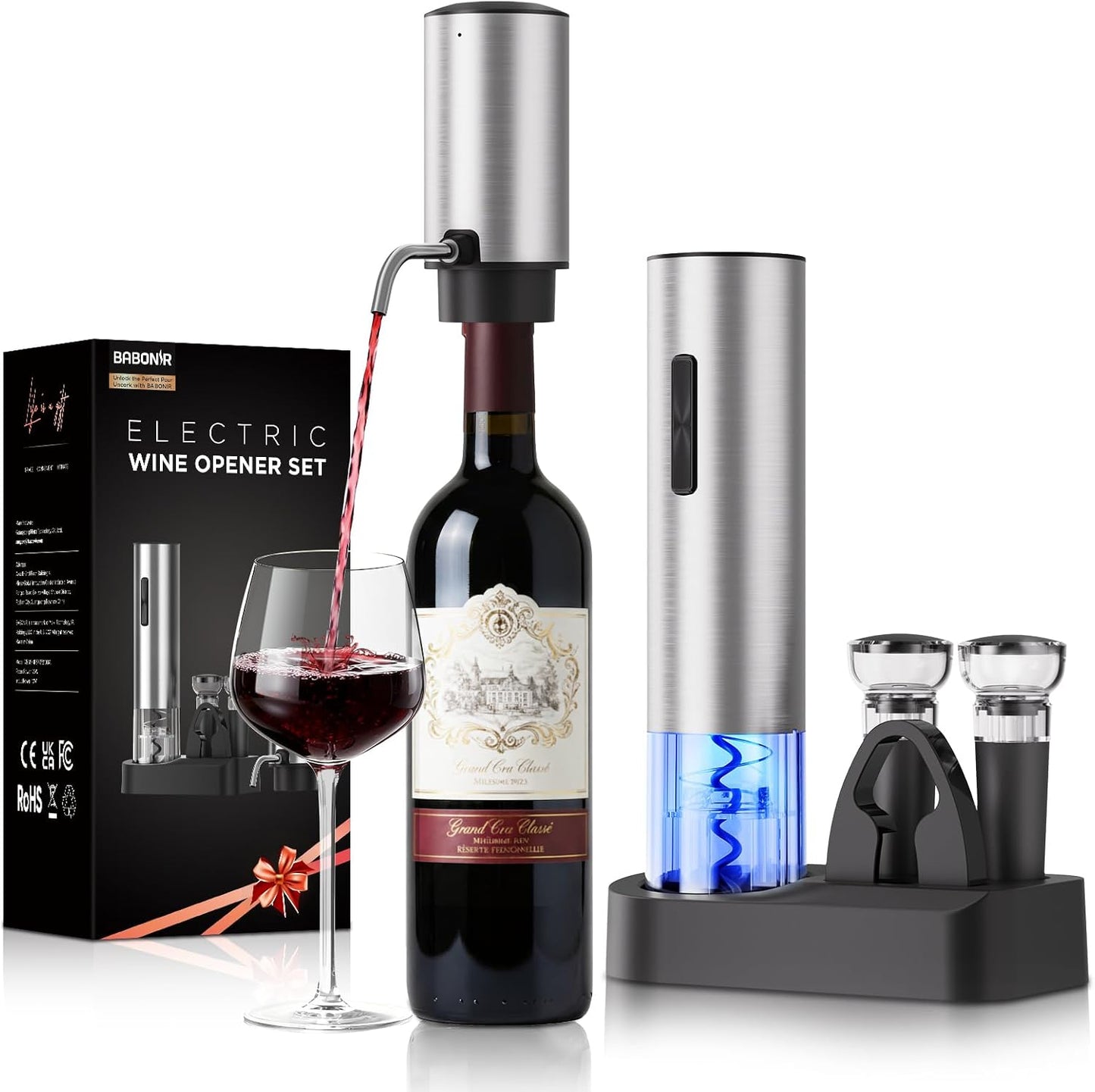 BABONIR 7-in-1 Electric Wine Opener Gift Set, Stainless Steel Automatic Corkscrew with Automatic Aerator Pourer, 2 Vacuum Stoppers, Foil Cutter, Storage Base Rechargeable Corkscrew Kit for Wine Lovers