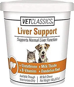 Vet Classics Liver Support Pet Health Supplement for Dogs, Cats – Liver Functions – B-Vitamins, Glutathione, Milk Thistle – Soft Tablets, Chews – 60 Soft Chews