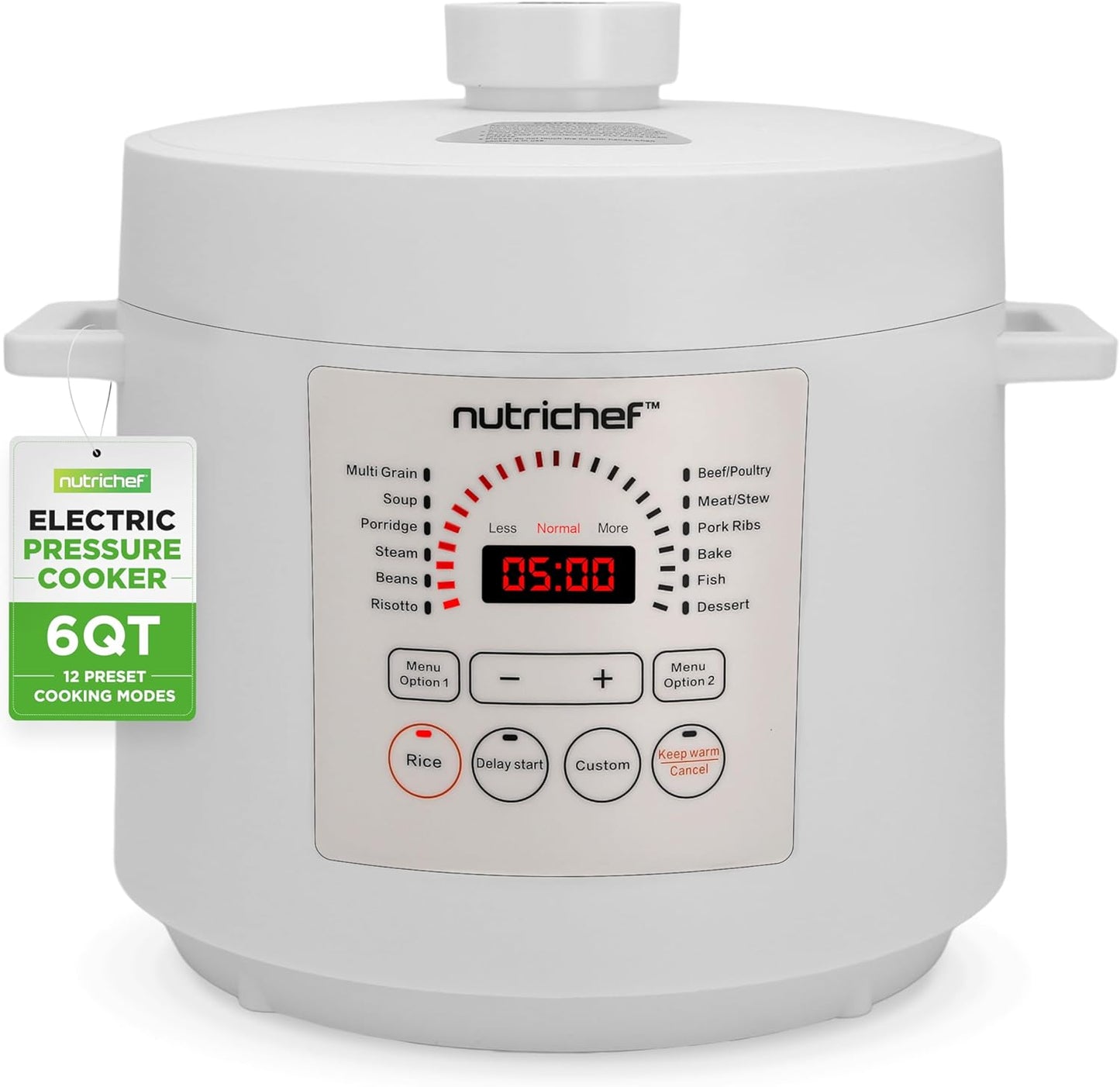 NutriChef 6 Quart Electric Pressure Cooker | 12 Function Digital Countertop Pressure Cooker | Adjustable Time & Temperature | Re-heat and Keep Warm Function | 13.1 x 11.4 IN | White