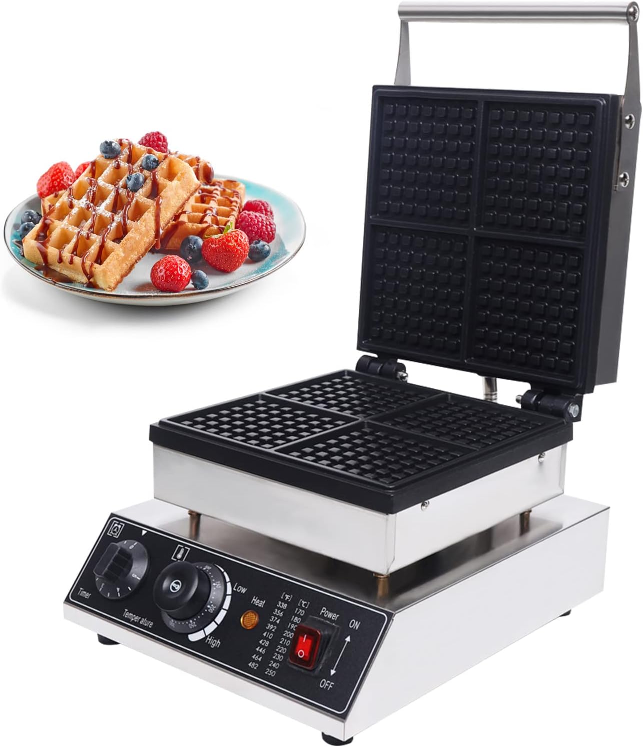 SNKOURIN Commercial Waffle Maker, 4 Pieces Nonstick Electric Waffle Iron Machine Stainless Steel 110V Temperature and Time Control Belgian Waffle Maker for Bakery, Restaurant, Snack Bar or Home