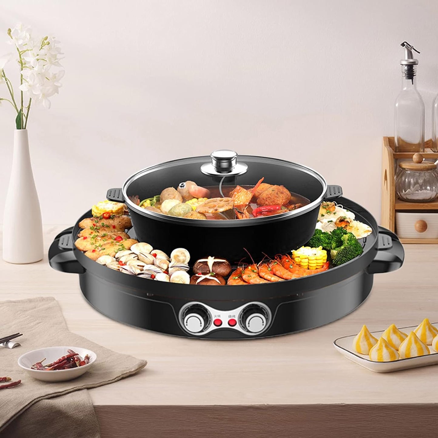 Electric Oven Double Separation Mandarin Duck Pot 2 in 1 2200 W Barbecue Grill Household Hot Pot 44 cm Baking Mould Grill Pan Ceramic Coating Smokeless Indoor for 5-8 People