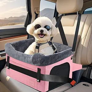 PetsHome Dog Car Seat for Small Dogs, Detachable Washable Pet Booster Seat with Storage Pocket, Breathable Mesh, Safety Leash, Adjustable Straps for Small Pets Up to 25lbs-Pink