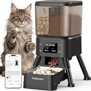 Dual Chamber Automatic Cat Feeder, Smart WiFi Pet Food Dispenser with 2.4&5G WiFi App, Custom Schedule & Portion Control for Dry Food and Treats, 4L, Black