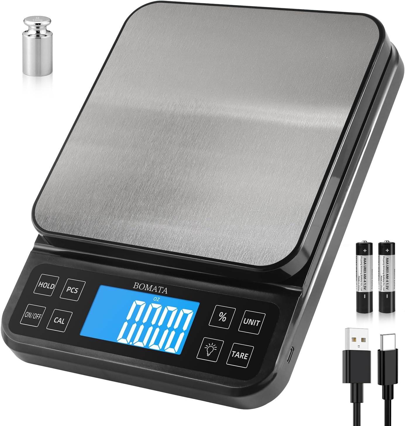 BOMATA Large Kitchen Scale with 0.1g\/0.001oz High Precision, 5kg\/11lb Bakery Scale with% Percentage Function, USB Rechargeable, Full-View Angle LCD with Backlight, Stainless Steel Pan