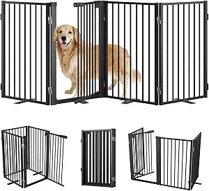 Full Metal Free Standing Dog Gate with Door for Indoor & Outdoor,80'' Extra Wide 32'' Tall Dog Gate for The Doorways,Large Openings,Decks,Porch,Pet Freestanding Safety Fence(4 Panels,Black)