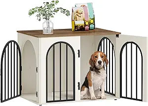 31.5'' Wooden Dog Crate Furniture, Indoor Dog Kennel Dogs Cage for Small/Medium Dogs, Heavy Duty Dog Crates Decorative Pet House End Side Table TV Stand, White Brown DFC85114B
