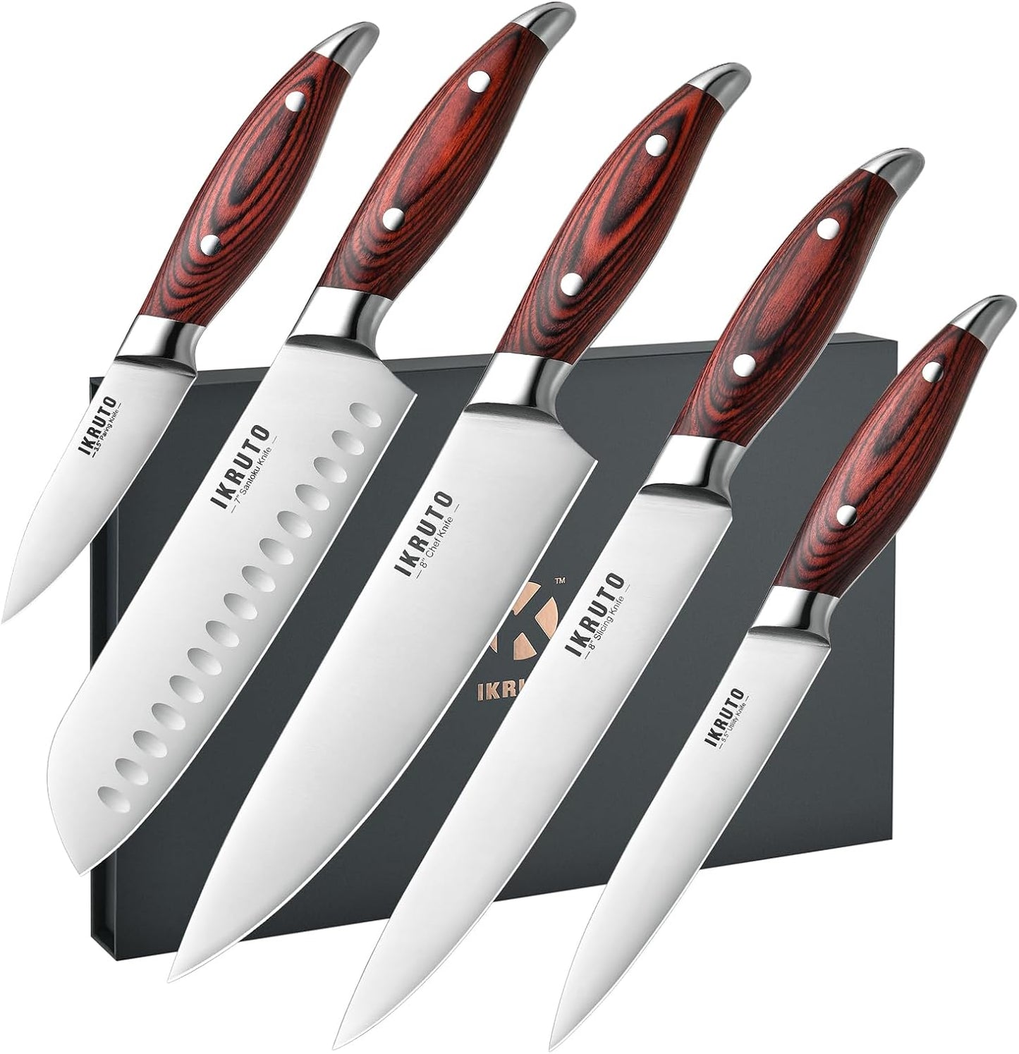 IKRUTO 5-Piece kitchen knife set - Ultra-Sharp High Carbon Stainless Steel Blades with Ergonomic Pakkawood Handles, Professional Kitchen Knives Sets, Elegant Gift Box Packaging