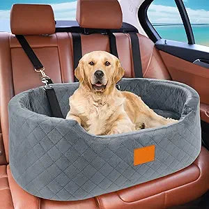 Dog Car Seat for Medium & Large Dogs up to 55 lbs, Elevated Booster Seat with Anti-Slip Base, Detachable & Machine-Washable Pet Car Bed for SUV/Sedan (Gray)