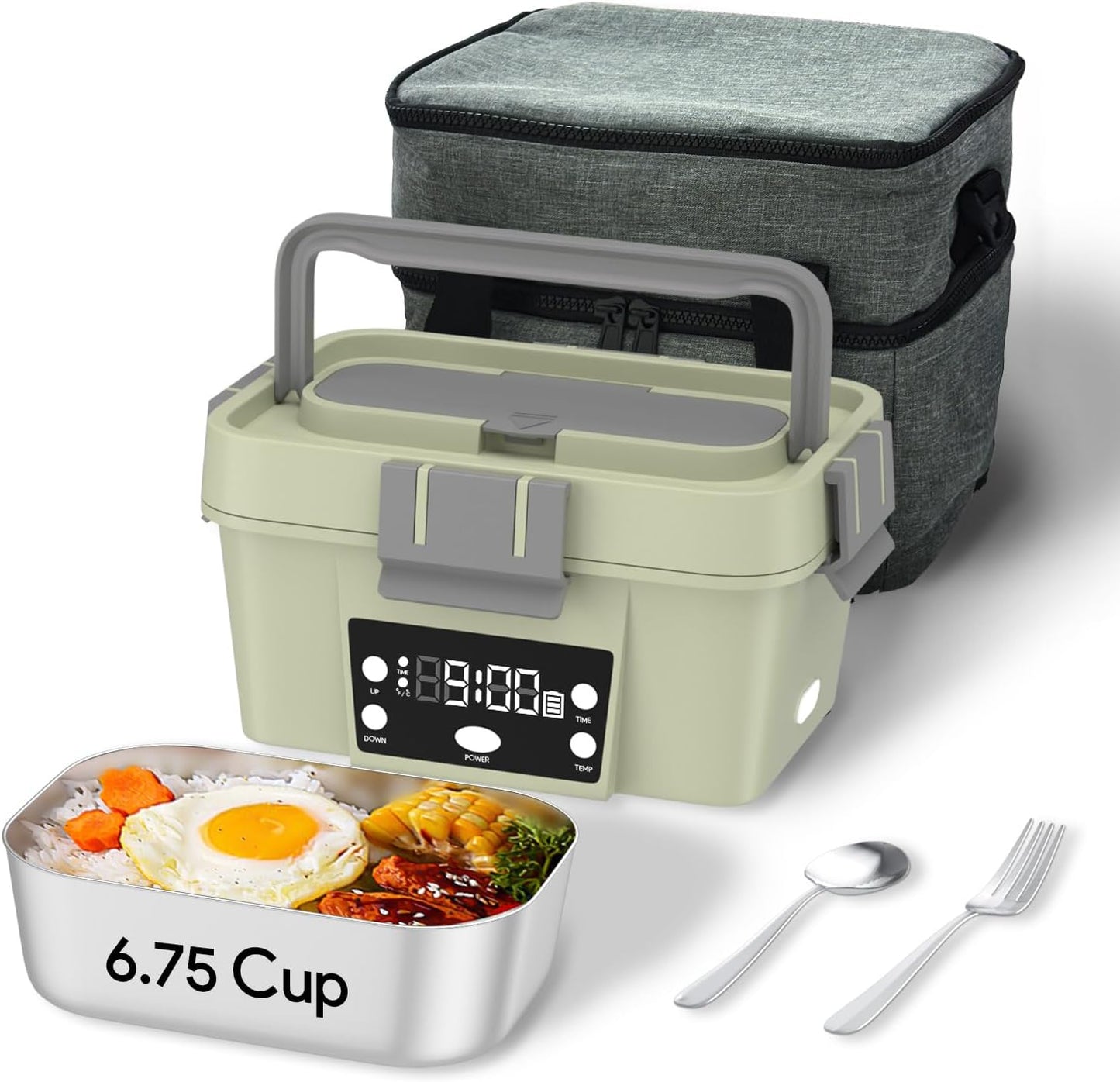 VISOM Electric Lunch Box, 6.75 Cup Automatic Food Warmer (212°F), Rechargeable Portable Heated Meal Container for Office, Travel, Outdoor (pale green)