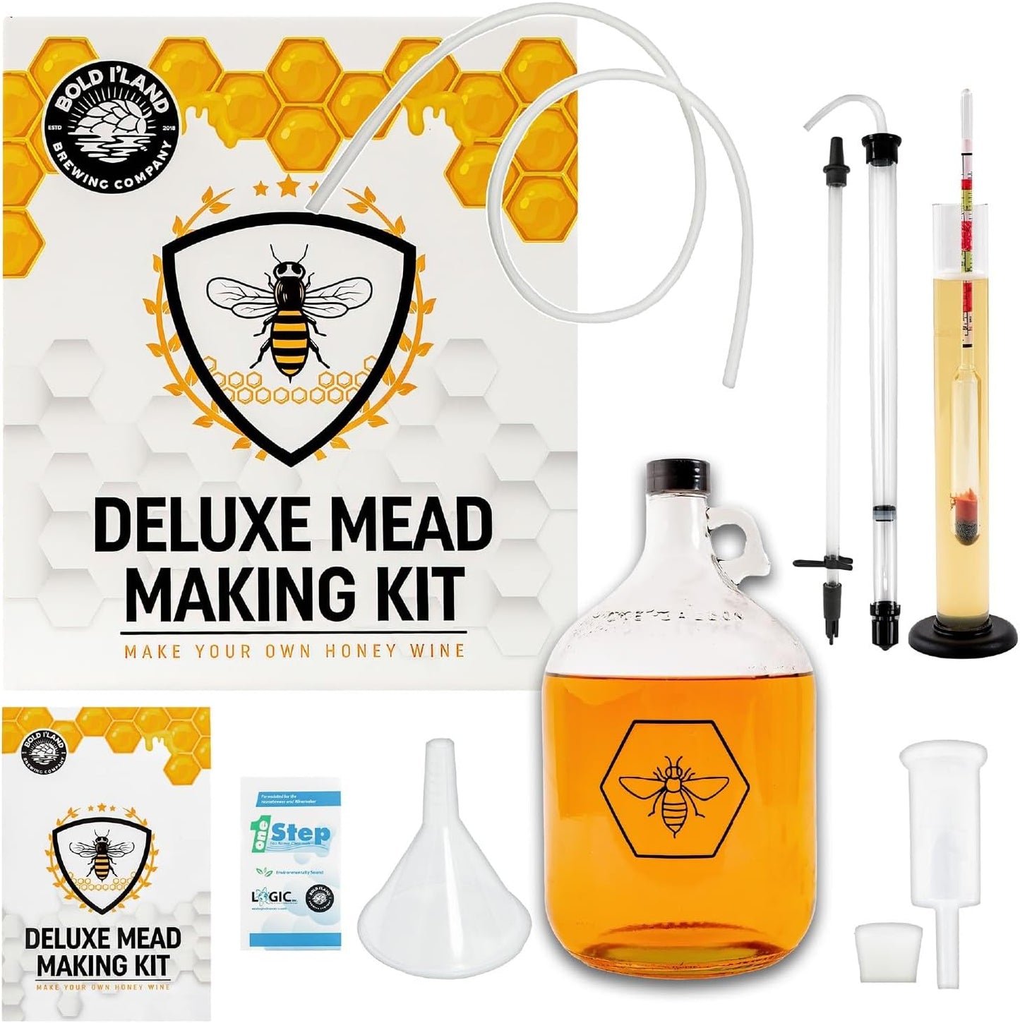 Complete Mead Making Kit - Includes 1-Gallon Glass Fermentation Jar, Auto Siphon, Hydrometer, Alcohol Percentage Tester Jar, Bottle Filler, Airlock, Plug, Funnel, No-Rinse Cleanser & How-To Guide