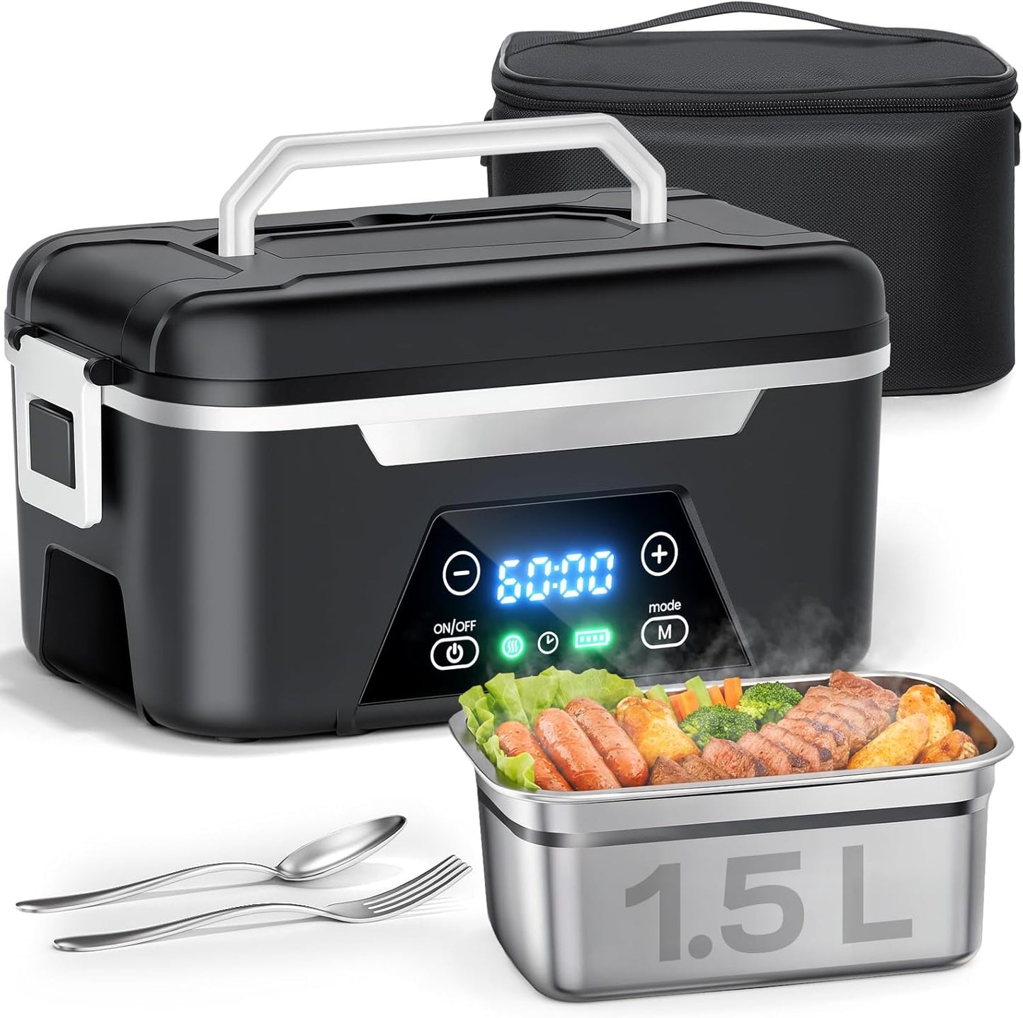 ISNIKA Cordless Heated Lunch Box For Adults, 1.5L (6 Cups) Rechargeable Electric Lunch Box Battery Powered With Scheduled Heating, Automatic Heating,Portable Food Warmer With Insulated Bag (Black)