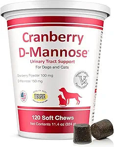 Cranberry D-Mannose Urinary Tract Support Supplement for Cats and Dogs - Cranberry Extract, D-Mannose, Vitamin C - Bladder and UTI Treatment - Made in USA - 120 Soft Chews