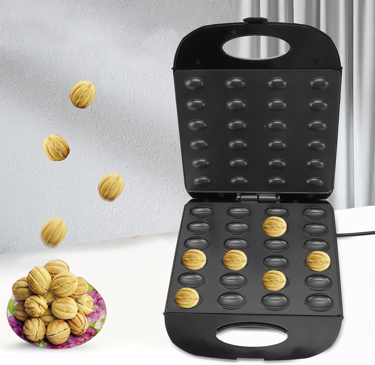 Electric Walnut Cake Maker,1400W 24pcs Capacity Electric Walnut Cake Maker Automatic Mini Nut Waffle Bread Machine Sandwich Iron,Cooking Breakfast, Pan Oven,Gifts(American Plug)