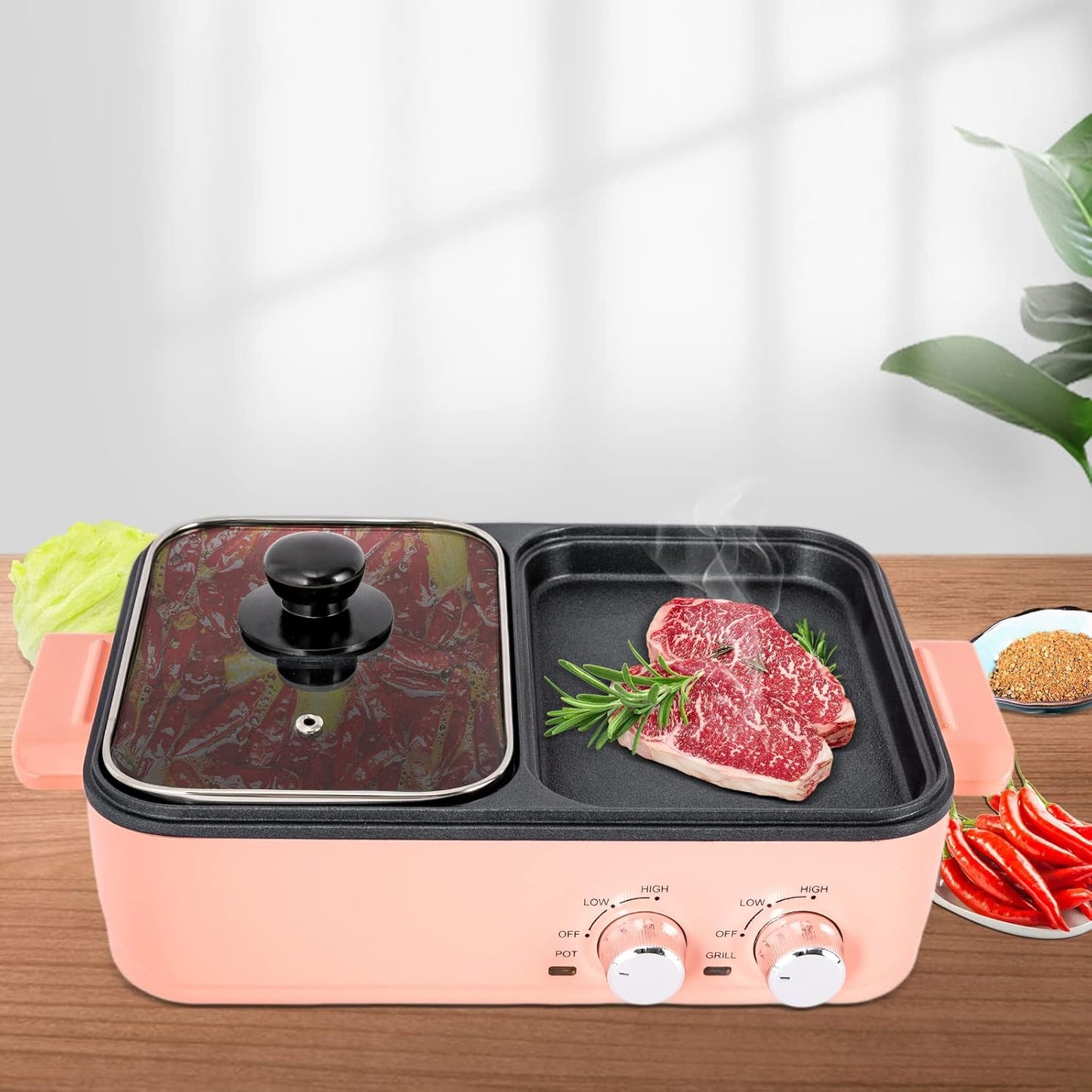 2 in 1 Electric Hot Pot with Grill, 1500W Non-Stick Multifunction Shabu Hot Pot, 2L Hot Pot, Indoor Smokeless Hotpot Electric Cooker Sahabu Shabu Pot for Steak, Vegetables, Shellfish, Pasta