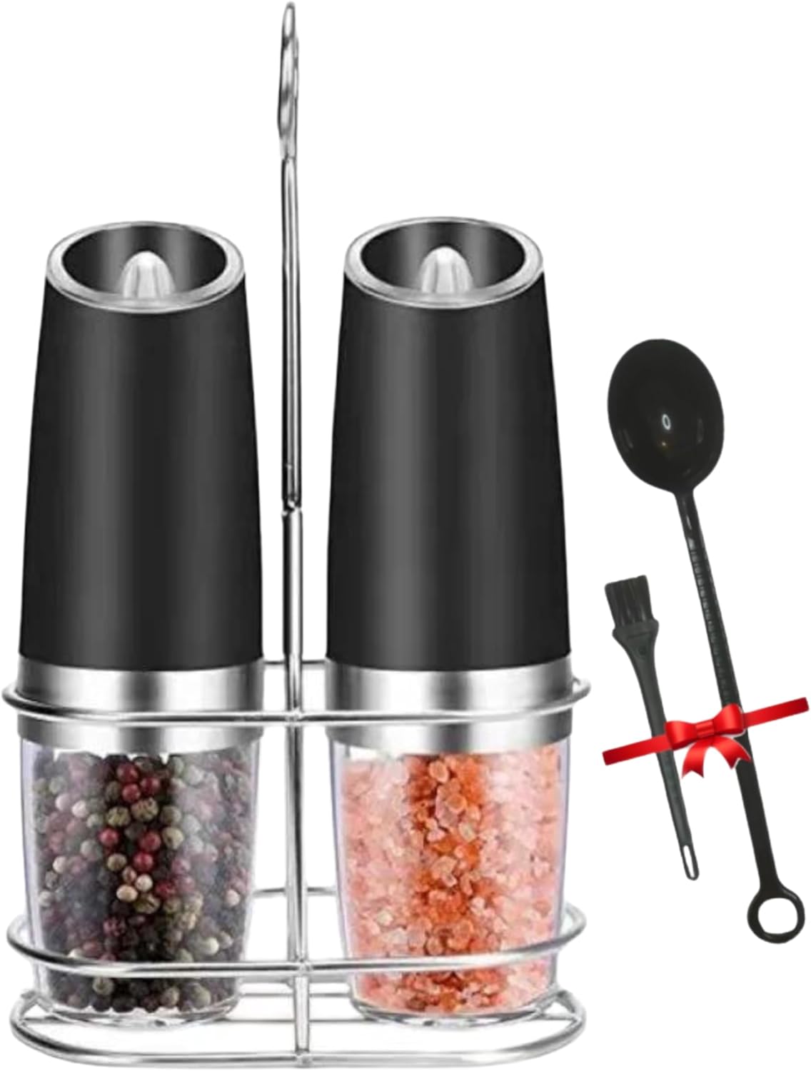 Gravity Electric Pepper and Salt Grinder Set with Holder, Automatic, Adjustable Coarseness, Battery Powered with LED Light, One Hand Automatic Operation, Stainless Steel Black Grinder, Gift Set