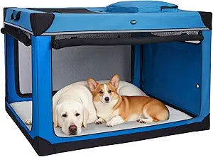 Ownpets 48 inch XXL Collapsible Dog Crate for Large Dogs, Portable Travel Dog Crate, 4-Door Foldable Pet Kennel with Durable Mesh Windows and Soft Mat, Blue