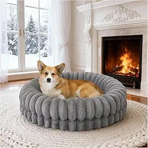 BALANCE Luxury Donut Dog Bed, 30 Inches Round Dog Bed Medium Size Dogs Washable, Orthopedic Calming Dogs Bed for Pets with Anti-Slip Bottom, Gray