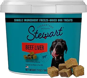 Stewart 100% Beef Liver Dog Treats, 21 oz Tub, ~475 Pieces, Freeze Dried Raw, 50% Protein, Single Ingredient Training Treats or Meal Topper, Grain Free, Gluten Free