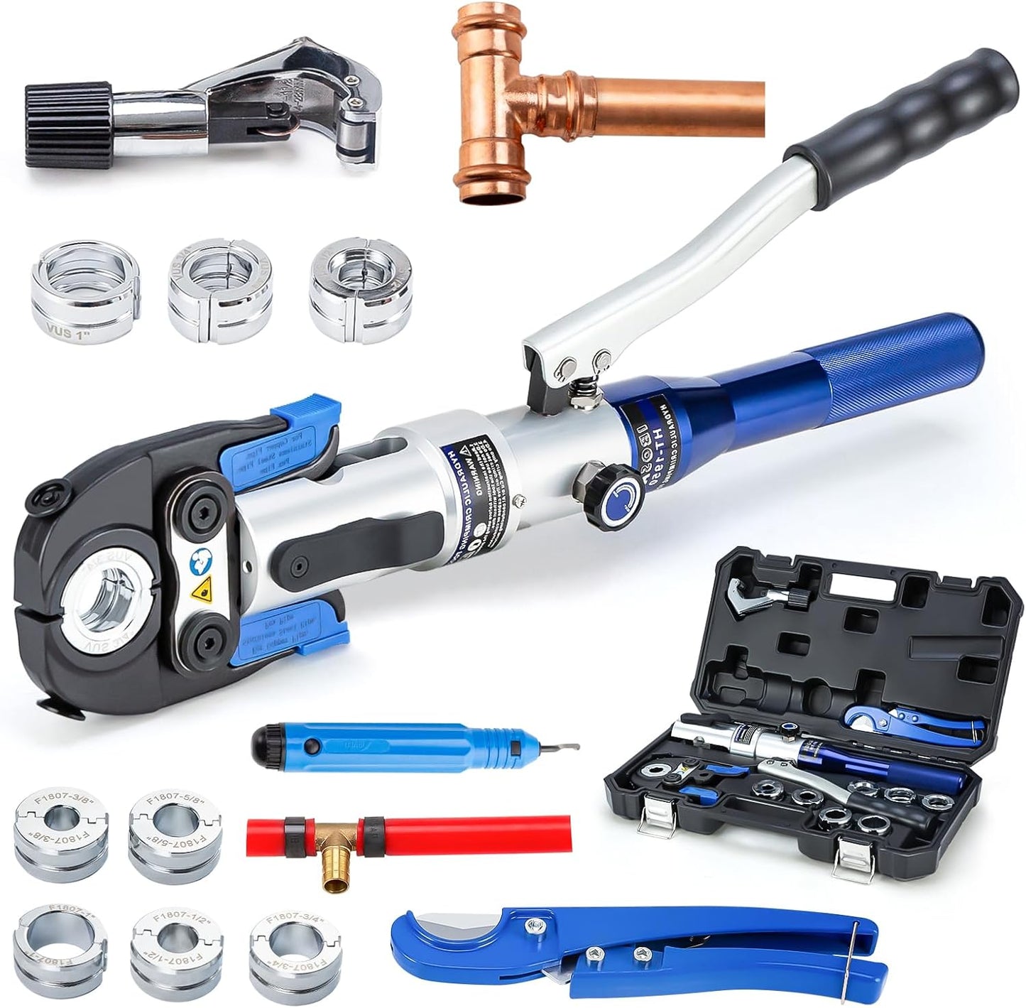 Hydraulic Copper Pipe Tube Fittings Crimping Tools with 1/2",3/4" and 1" Dies for Press Copper Pipe Fitting and 3/8",1/2",5/8",3/4",1" Dies for ASTM F1807 Pex Pipe Copper Ring