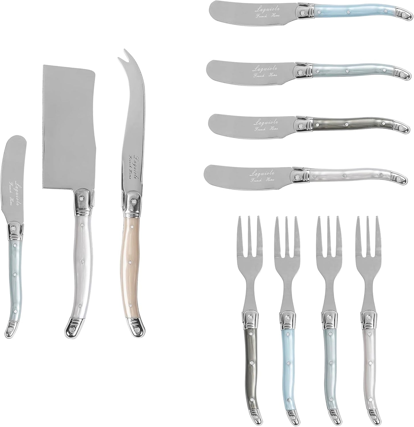 French Home Laguiole 11-Piece Charcuterie Utensil Set \u2013 Three-Rivet Mother of Pearl Handles with Iconic Bee Emblem, Includes Fork-Tipped Spear, Fork Set, Butter Spreader & More
