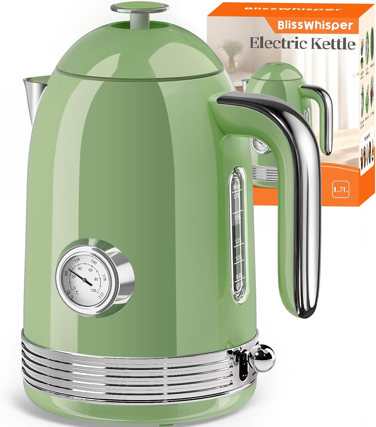 Electric Kettle - 1.7L Hot Tea Water Boiler with Thermometer, 1500W Fast Heating Stainless Steel Pot, Cordless LED Indicator, Auto Shut-Off & Boil Dry Protection, Retro Green