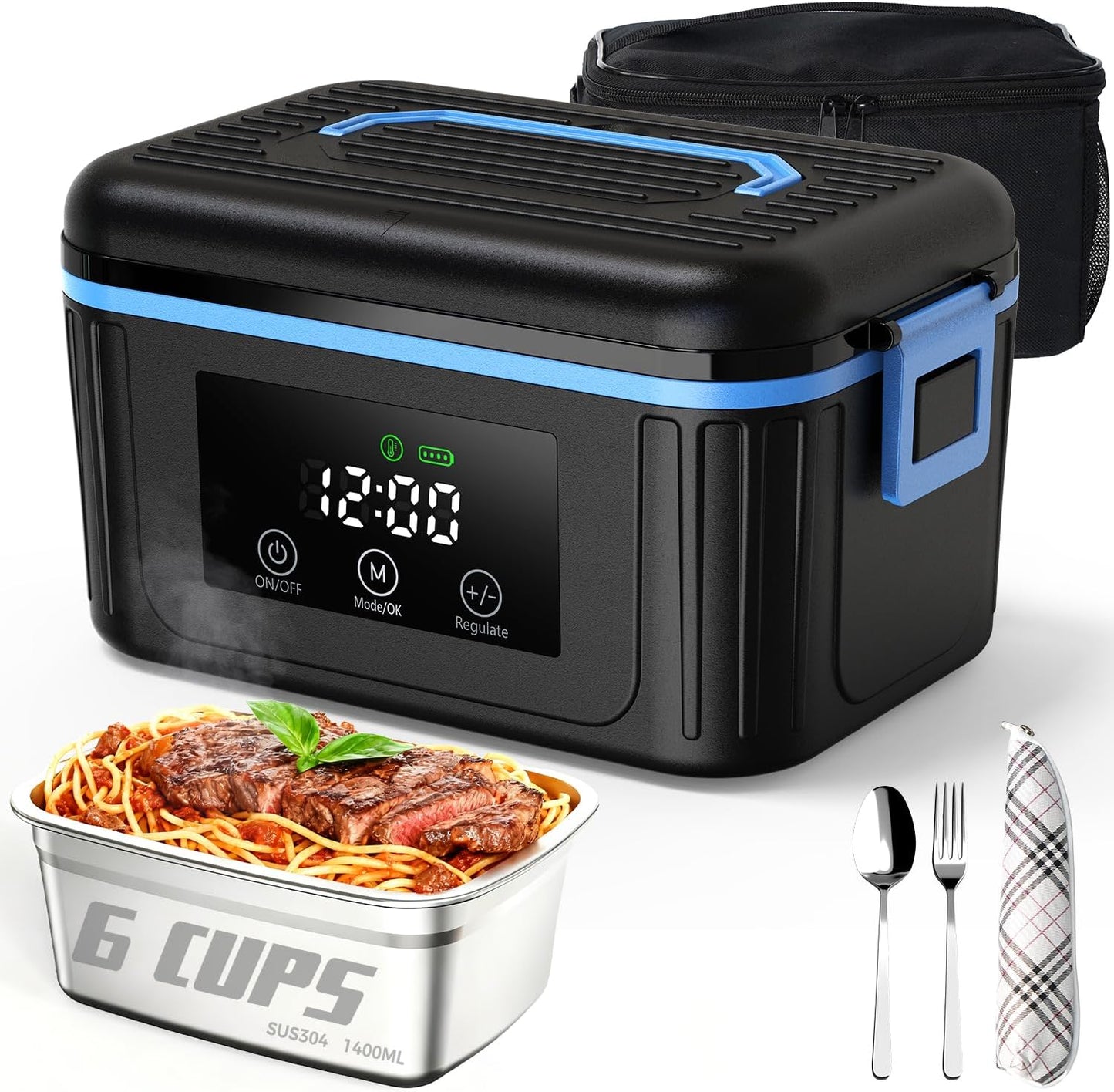 Cordless Electric Lunch Box for Adults, Heated Lunch Box for Men, 6 Cups Self Heating Lunch Box, Battery Powered, 304 Stainless Steel, 18000mAh, Portable Food Warmer with Insulated Carry Bag