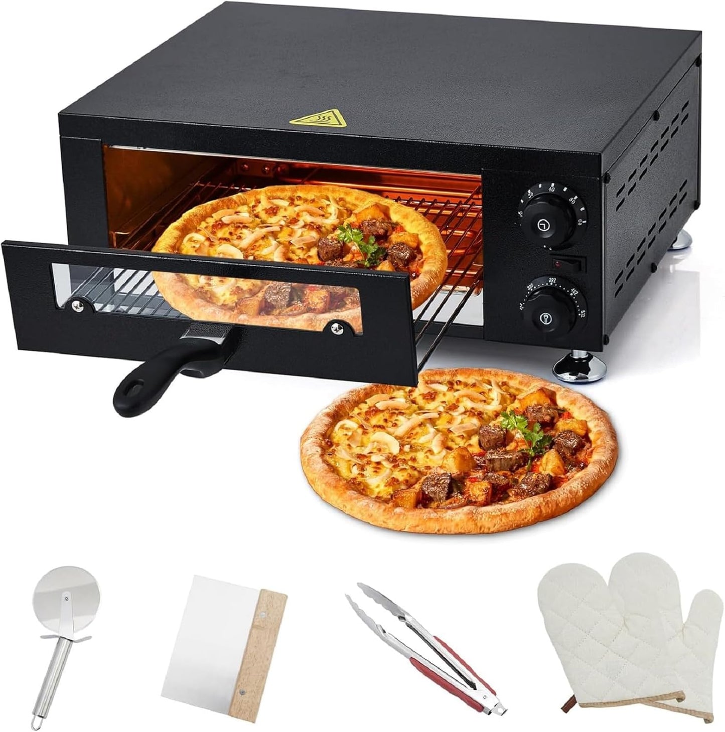 Heavy-Duty 12" Commercial Pizza Oven with visual Window,1100W Stainless Steel Chamber & Timer for Fast Food, Catering, Mall Kiosk,Countertop Electric Baking System