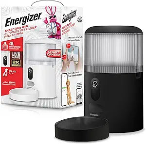 Energizer Smart Pet Feeder with 2K Video Camera, 5Ghz & 2.4Ghz Dual Band Wi-Fi, 2-Way Audio, Night Vision, 4L Food Capacity, Remote Feeding Dogs & Cats, Compatible with Alexa & Google, Records