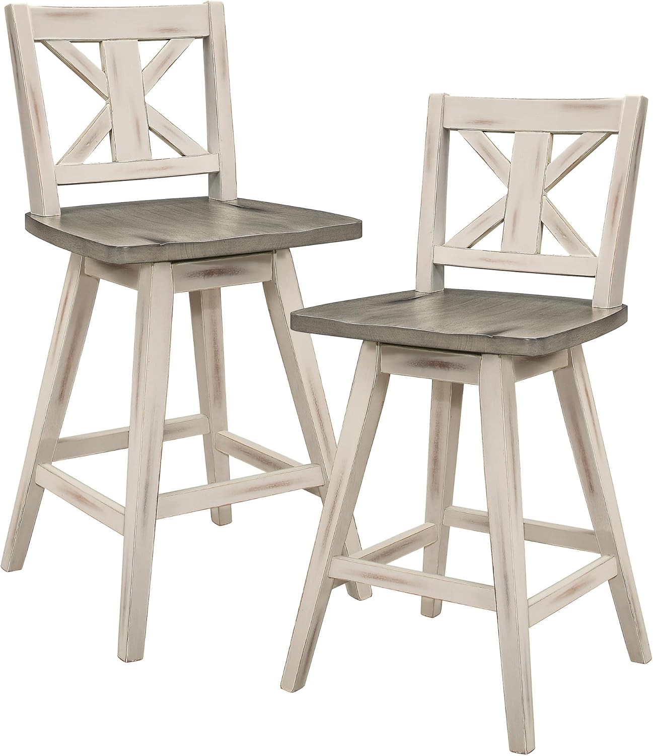 Solid Wood High Back Swivel Counter Height Bar Stools Set of 2, Kitchen Stools Counter Height, Foot Rest, X Back, Tall Wooden Armless Dining Chairs For Kitchen Island, Farmhouse, Rustic, White