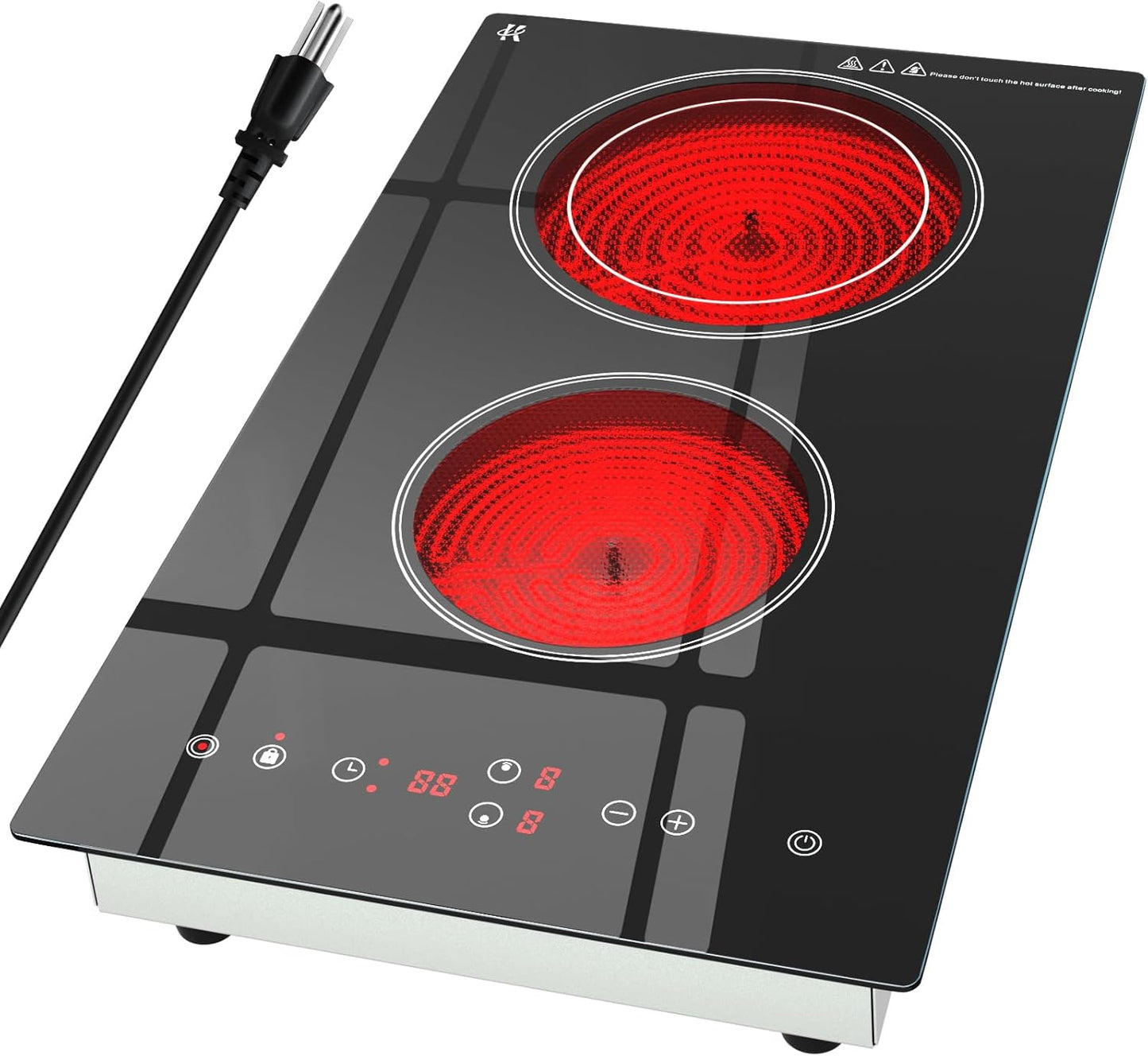 Electric Cooktop 2 Burner, 1800W Radiant Electric Stove Top 120V with Countertop & Built-in Design, 12 inch Touch Control Ceramic Cooktop with Safety Lock, 9 Level Power, Timer - Plug in