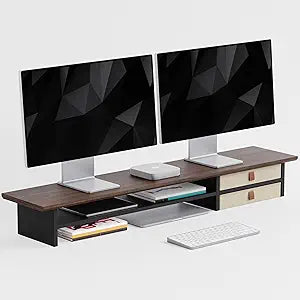 Dual‑Tier Monitor Stand Riser with Drawers, Desktop Organizer Shelf Storage for Computer Screen 2 Monitors, Supports for PC Computer Monitor, Printer, Heavy TV Riser Brown and Black