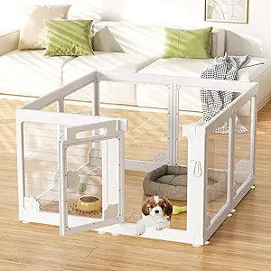 24†Acrylic Clear Dog Play Pen Indoors 8 Panels, Puppy Playpen with Door for Small Dogs Puppies, Transparent Plastic Pet Playpen Cage Fence Crate Kennel for Cat Kitten Rabbit Bunny Ferret etc