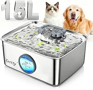 Kastty 15L/4 Gal Dog Water Fountain, Stainless Steel Large Pet Water Fountain with Water Level LED Light, Quiet Automatic Dog Water Bowl Dispenser for Dogs Inside Easy Cleaning FS79