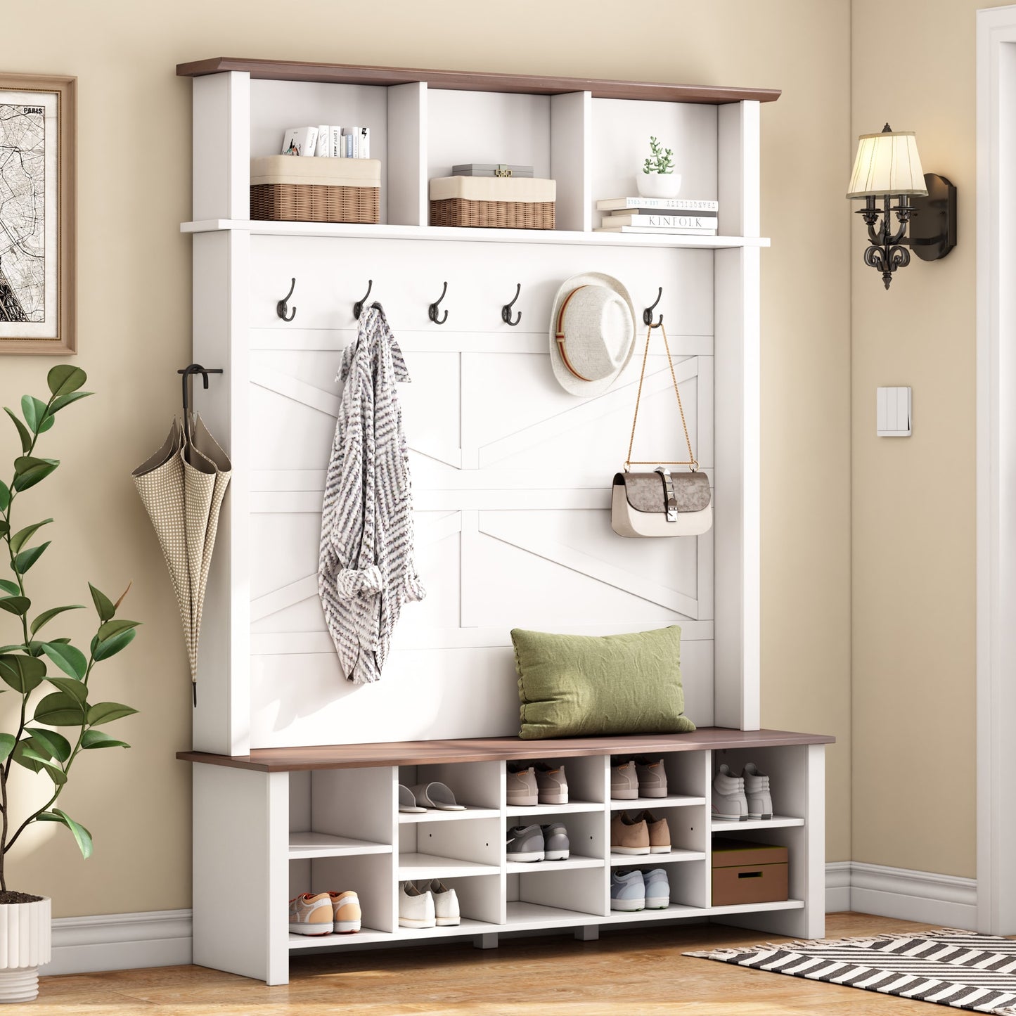 ModernLuxe Farmhouse 4in1 Hall Tree with 6 HooksPractical Walnut Entryway Bench with Adjustable Shelves Wooden Style Rustic Shoe Organizer with 16 Open Compartments for MudroomLiving RoomWhite