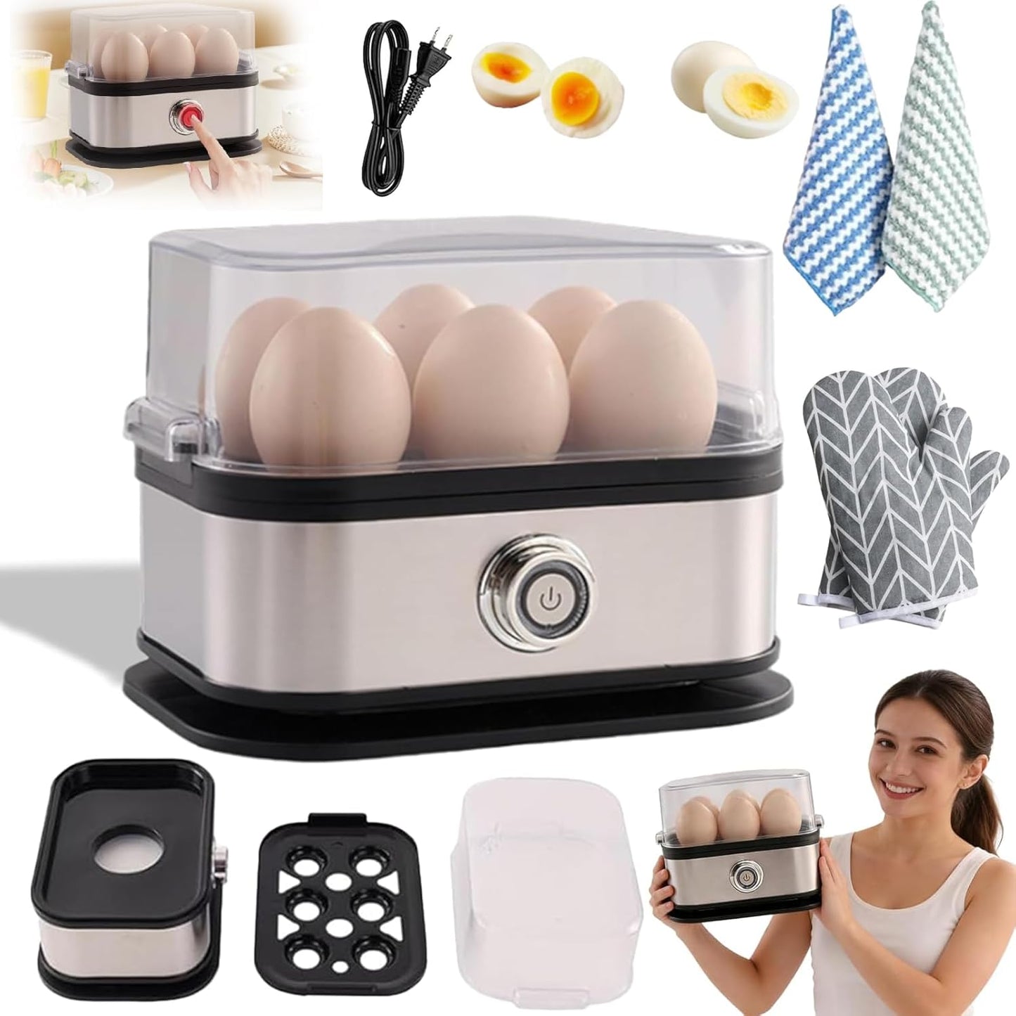 Automatic Egg Cooker, 2026 New Automatic Rapid Egg Cooker, Stainless Steel Boiled Egg Maker with Ptc Heating, Compact 6 Egg Electric Cooker with Auto Shut-Off Function & Boil-Dry Protection (1PC)