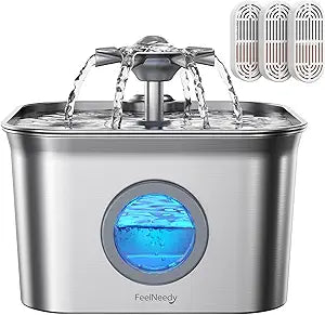 Stainless Steel Cat Water Fountain, 2.8L with 20dB Ultra-Quiet Pump- Ideal for Timid Pets, LED Water Level Window, Dishwasher Safe, 24/7 Circulation- Includes 3 Replacement Filters
