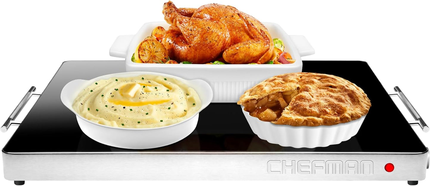 Chefman Electric Warming Tray with Adjustable Temperature Control, Perfect For Buffets, Restaurants, Parties, Events, and Home Dinners, Glass Top Extra Large 21\u201D x 16\u201D Surface Keeps Food Hot \u2013 Black