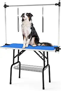 DWVO 46'' Dog Grooming Table, Foldable Pet Grooming Table with Adjustable Arm, Loop, and Mesh Tray, Non-Slip Portable Dog Bathing Station, Blue