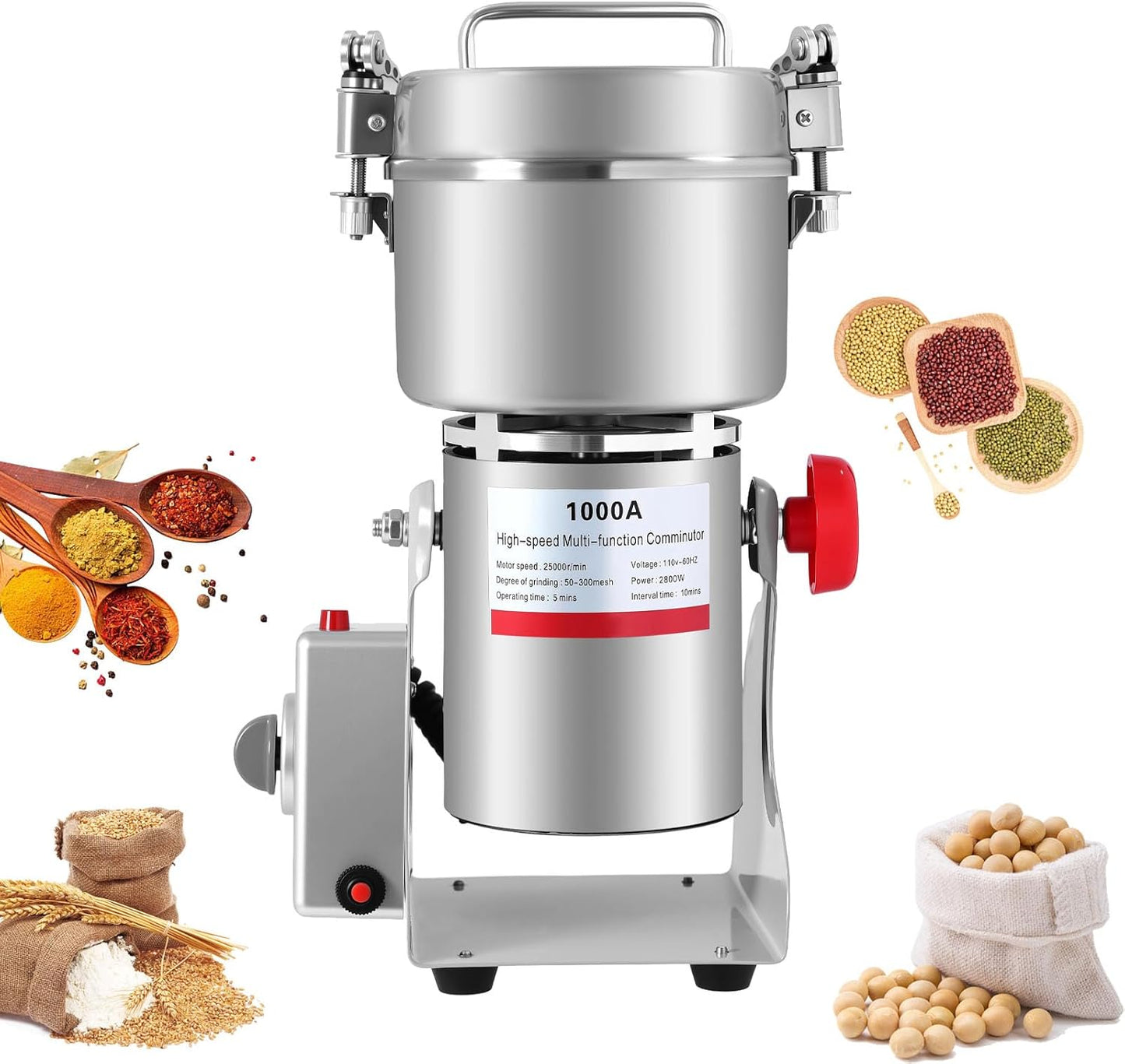 1000g Grain Mill 3600W Electric Stainless Steel Grain Grinder High Speed Commercial Flour Mill Dry Grinding Machine 180°Swingable Blade Superfine Powder for Wheat, Spices, Coffee Bean, Corn