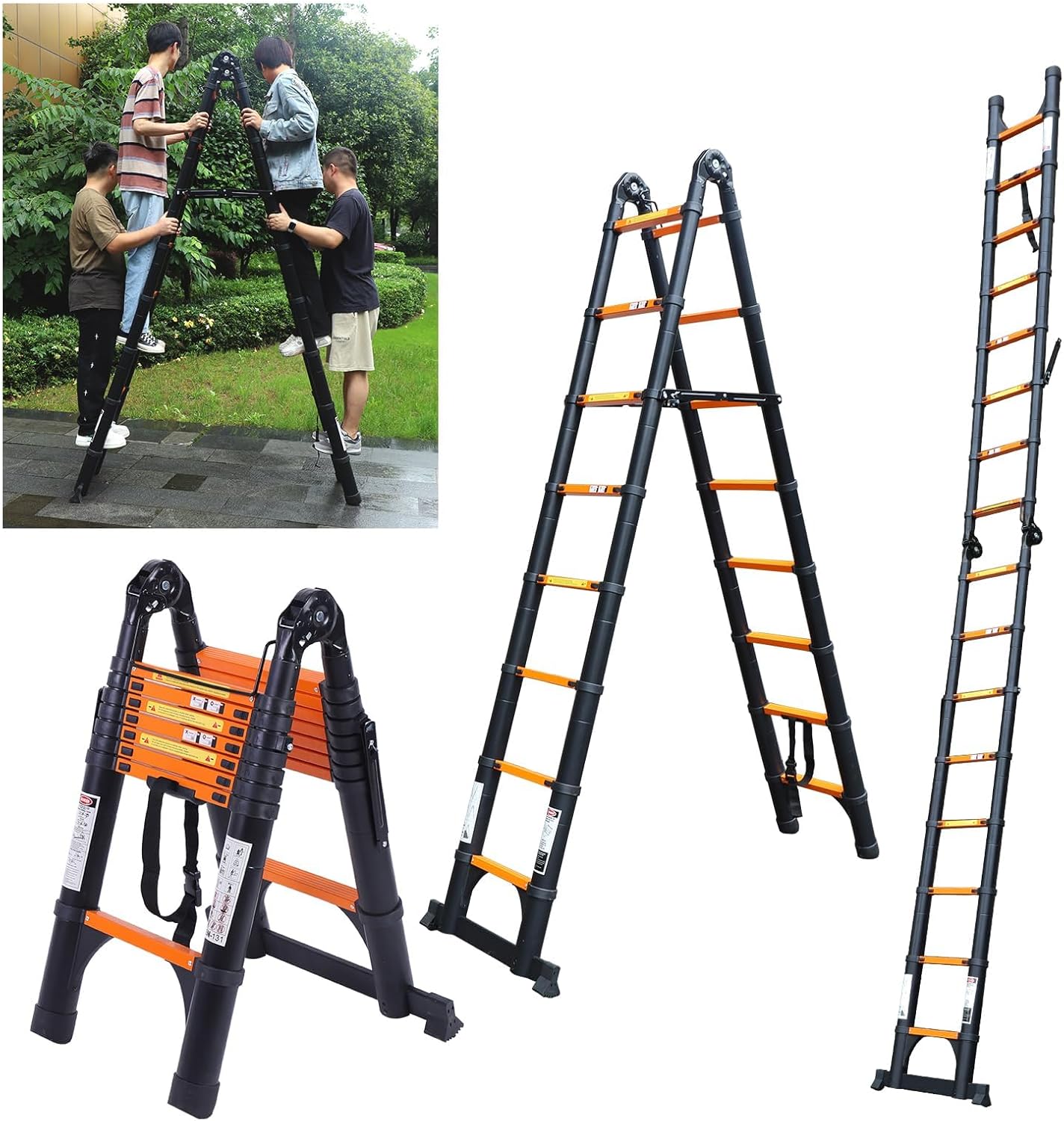 JADDUO 16.5FT A-Frame Telescoping Ladder Aluminum Compact Extension Ladder with Tool Platform & Stabilizer Bar Portable RV Ladder for Camper\/Motorhome, 330lbs (Black)