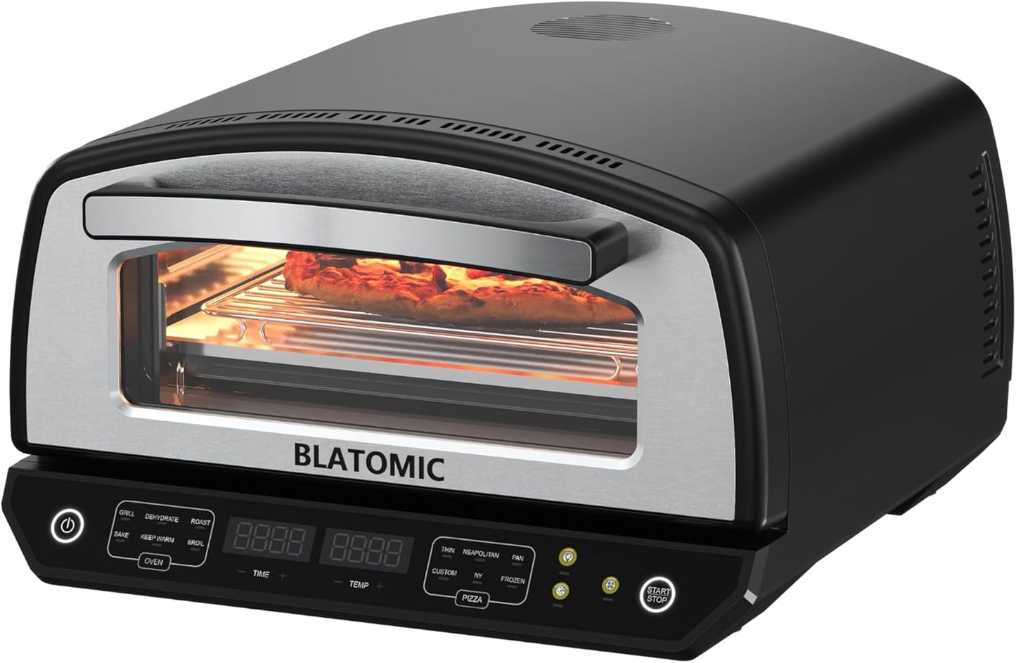 Blatomic Indoor Pizza Oven - Makes 13 Inch Pizzas, Heats up to 850°F - Countertop Electric Pizza Maker with 6 Touchscreen Presets, Pizza stone & Peel, Baking Tray & Mesh Included - Stainless Black