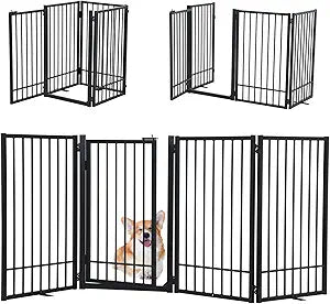SMONTER Free Standing Dog Gate with Door Walk Through, 80.5'' Extra Wide Indoor Dog Fence, 31.5'' Height 4 Panels Foldable Metal Pet Puppy Gate for Stairs, Hallways, Doorway