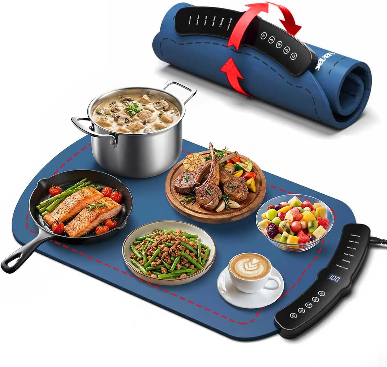 Food Warming Mat, Heated Tray with 7 Adjustable Temperature Settings, Thermochromic Line, Electric Warming Tray for Buffets Party