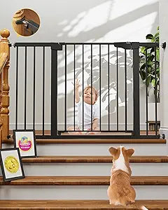 Cumbor 29.7-48" Baby Gate for Stairs, Mom's Choice Awards Winner-Dog Gate for Doorways, Auto Close Safety Pet Gate for Dogs Indoor, Easy Install Pressure Mounted Child Gate with Walk Thru Door, Black